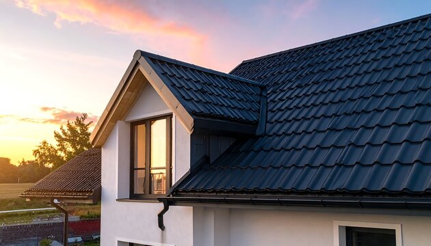 Dark-tiled roof with a dormer window bathed in the golden glow of a sunset