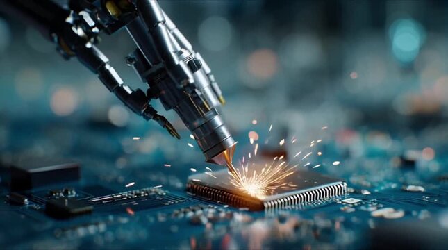 Industrial robotic arm performing high-precision assembly on a circuit board with bright golden sparks (AI Generated)
