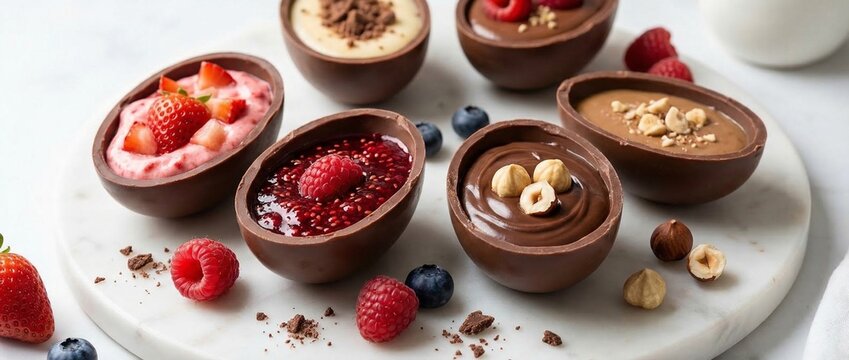 Assorted chocolate Easter eggs filled with sweet creams, fresh berries, and nuts on a white marble background.