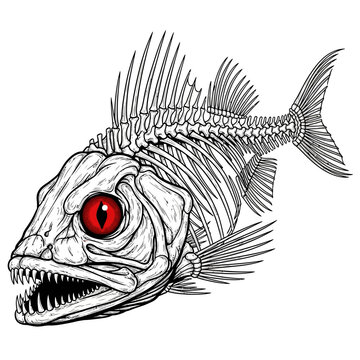 A black and white illustration of a fish skeleton with a red eye