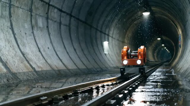 Medium shot of an automated winch robot pulling cable through a dimly lit metro tunnel with sharp focus on the device and blurred tunnel walls surrounding it