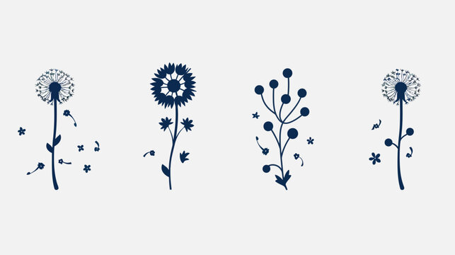 Four stylized dark blue botanical illustrations on a white background dandelions and sprigs