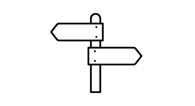 A simple black and white line art illustration of a blank wooden signpost with two directional arrows pointing left and right.