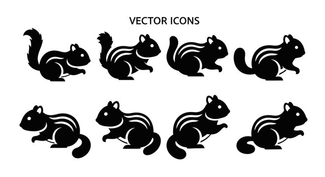 Chipmunk Vector Icons Set, Silhouette of Cute Rodents in Different Poses