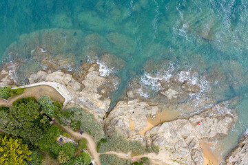 Large rock island in the Atlantic Ocean, France. Aerial photo © chris74