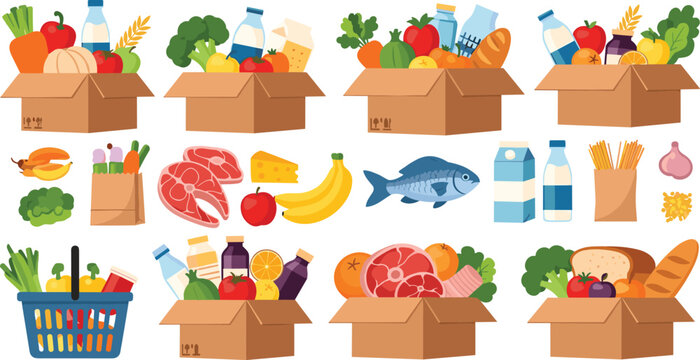 Vector Illustration of Grocery Items in Boxes Featuring Fresh Vegetables, Fruits, Dairy, Meats, Seafood, and Packaged Foods for Online Shopping and Delivery