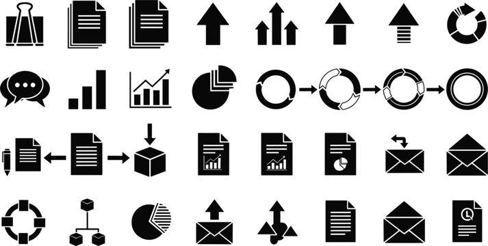 Vector Set of Business and Communication Icons Featuring Files, Arrows, Graphs, Charts, Messages, Email, and Data Flow Diagrams