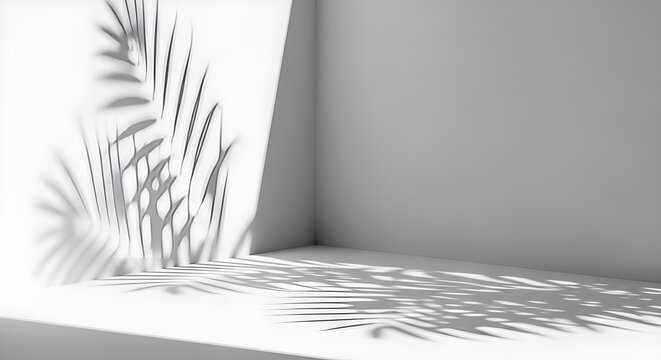 Minimalist white studio corner featuring dramatic tropical palm leaf shadows cast on a platform and wall. Ideal for product mockups and clean design.