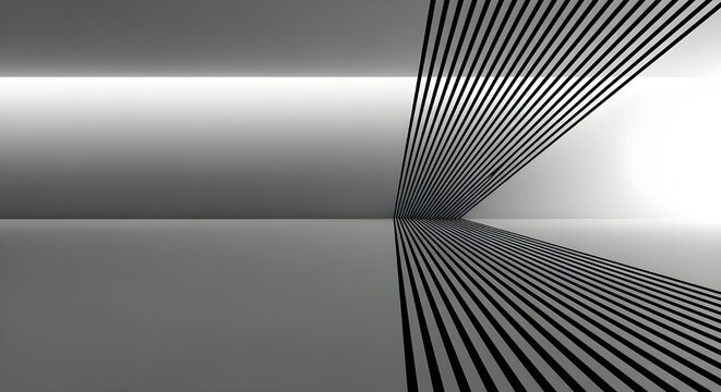 A minimalist 3D rendering of a white interior space featuring dynamic black perspective lines that create a sense of depth and modern geometry.