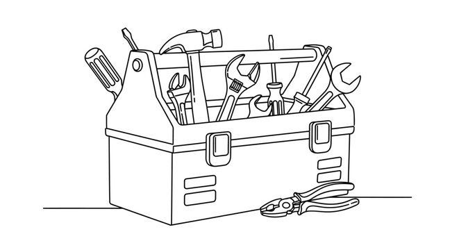 Line art illustration of an open toolbox filled with various hand tools like wrenches, screwdrivers, and a hammer, with pliers resting beside it.