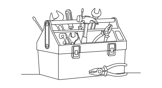 A continuous line art drawing of an open toolbox filled with various hand tools, including wrenches, a hammer, and screwdrivers, with pliers resting beside it.