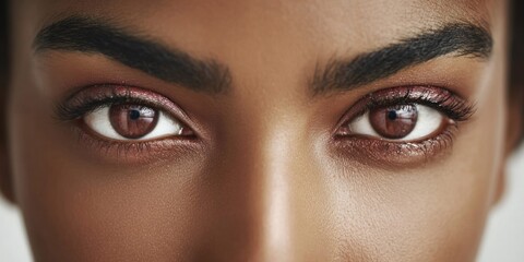 Naklejka premium Close-up of a woman's brown eyes with shimmering eyeshadow and defined eyebrows