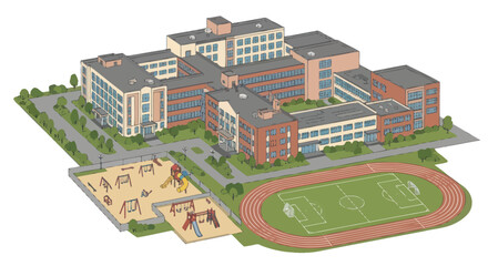 Naklejka premium Modern School Campus with Sports Facilities and Playground