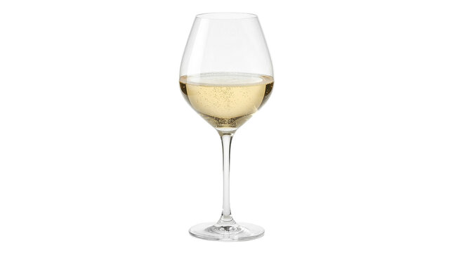 Elegant Crystal Wine Glass Filled with Chilled White Wine Isolated on White Background