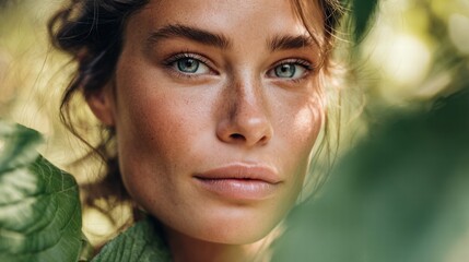 Fototapeta premium A captivating portrait of a woman with captivating blue eyes framed by lush green foliage.