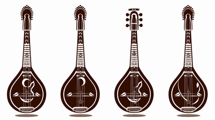 Fototapeta premium Four stringed instruments are displayed in outline against white background, brown hue