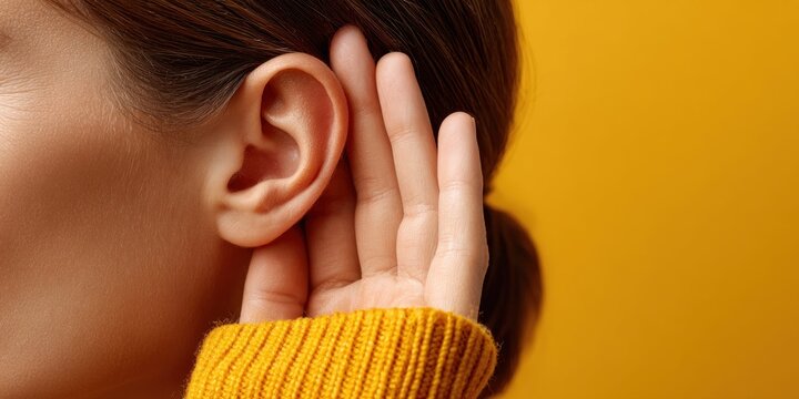 Close-up of a woman cupping her ear to listen intently against a vibrant yellow background