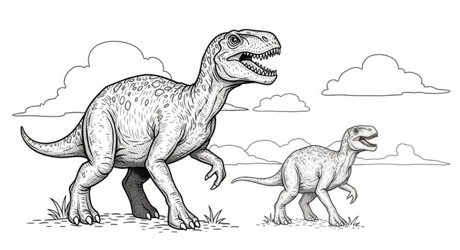 Two Tyrannosaurus Rex Dinosaurs Roaming in a Prehistoric Landscape.