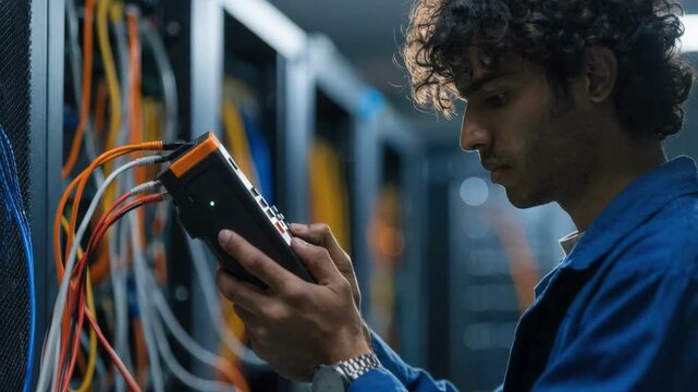 Technician using a handheld network tester to measure signal strength and latency in a blurred server room background for performance diagnostics.