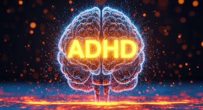 Adhd brain illustration with glowing neurons and sparkling background