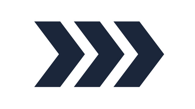 Three dark blue arrows pointing right on white background, representing progress, speed, and direction