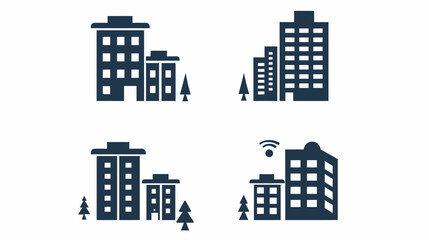 Fototapeta premium Icons show urban landscapes of building pairs with varying heights and pine trees
