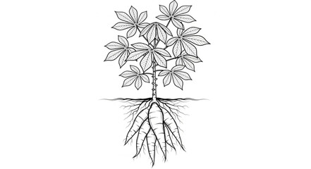 Obraz premium Detailed Cassava Plant Illustration with Roots and Leaves.