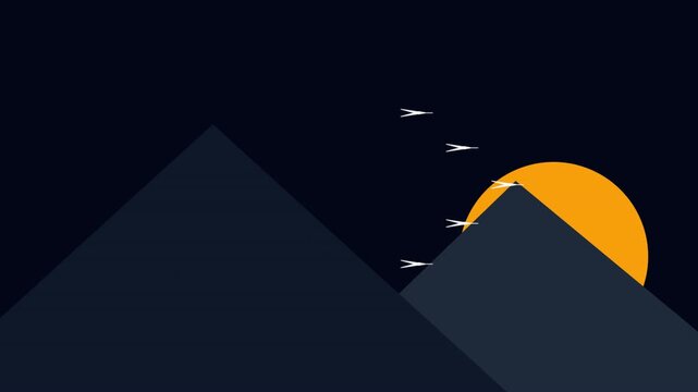 Minimalist Night Landscape with Mountains and Moon.