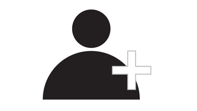 Black user add icon with plus sign for social media, account creation, and networking, add person, black graphic, white background, profile creation, new account
