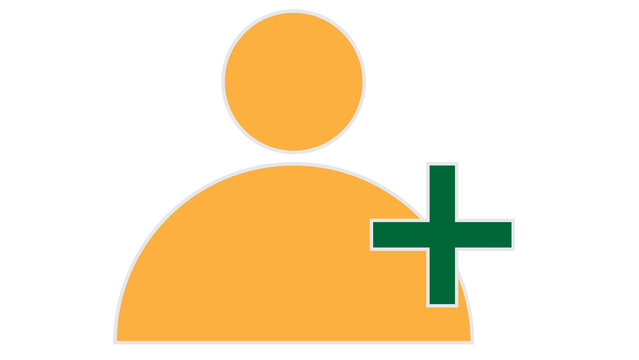 Orange user add icon with green plus symbol for member enrollment and profile with add person with plus sign with orange graphic with white background with profile creation