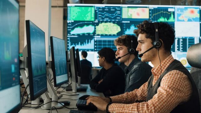Medium shot of a network operations center with a focused video wall displaying realtime traffic charts and coverage maps during a bright day shift environment.