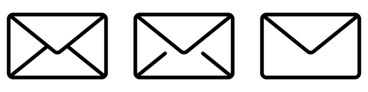 Set of envelope icons. Three different linear style graphic representations of mail envelopes in black on a white background. Vector illustration.