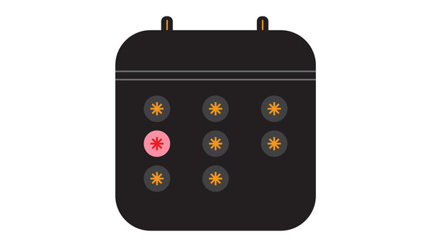 Black calendar with six orange asterisks and one pink asterisk on a white background, indicating a special date, flat design