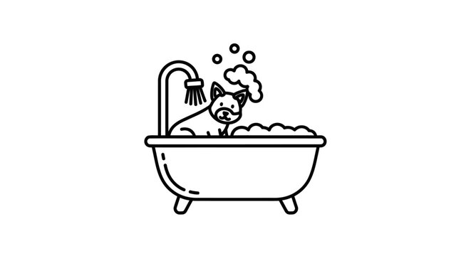 Line art illustration of a cute dog enjoying a bubbly bath in a classic bathtub with a shower head.