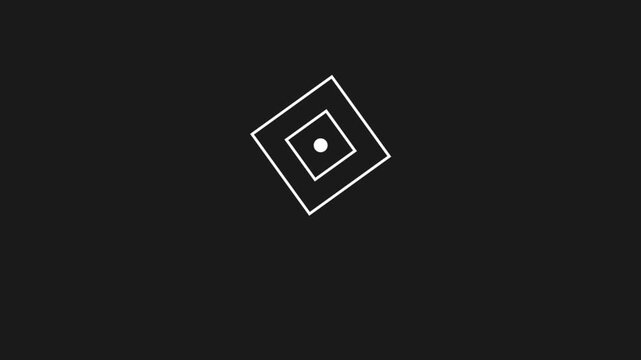 Minimalist White Square Rotation with Central Dot on Black Background.