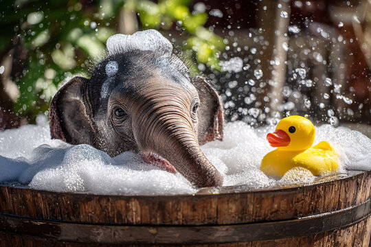Playful baby Asian elephant splashing water in a wooden tub with foam bubbles and a yellow rubber duck in a sunny garden.