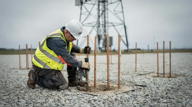 Medium shot of a technician installing ground rods into a gravel pad around the base of a cell tower with the tower structure softly blurred in the background for emphasis.