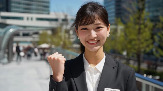 女性が春の朝に新社会人として一歩を踏み出し笑顔で拳を上げる