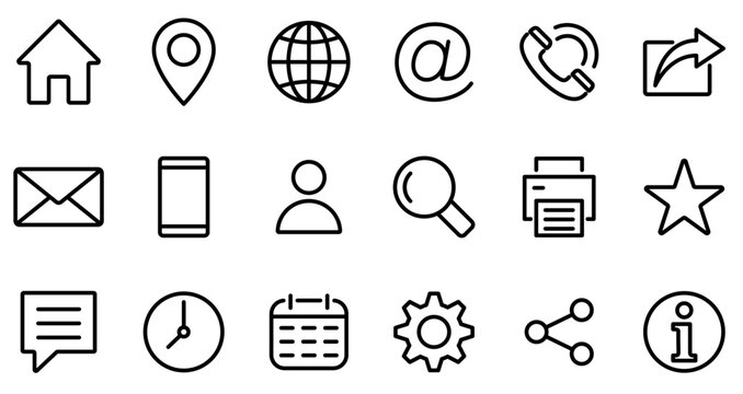 Large set of linear web icons for interfaces. Set of contact, navigation, mail, and settings signs in a thin line style. Vector illustration.