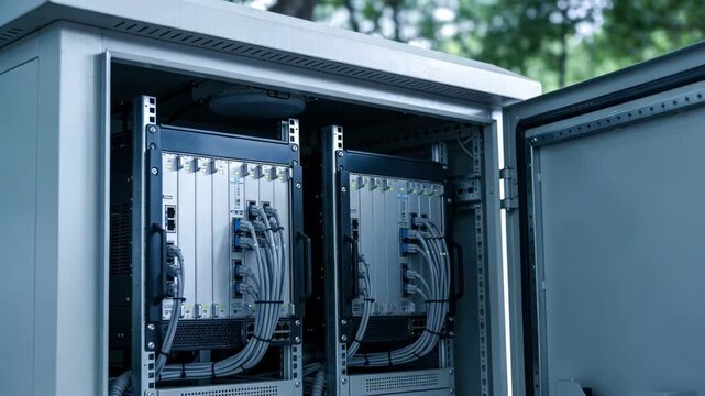 Medium shot of edge computing racks inside a compact shelter at a suburban mobile base station with blurred trees in the background.