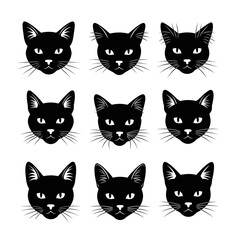 Nine Black Cat Faces, Minimalist Graphic Design, White Background