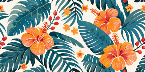 Vibrant tropical leaves and orange hibiscus flowers in a seamless pattern © Topoti