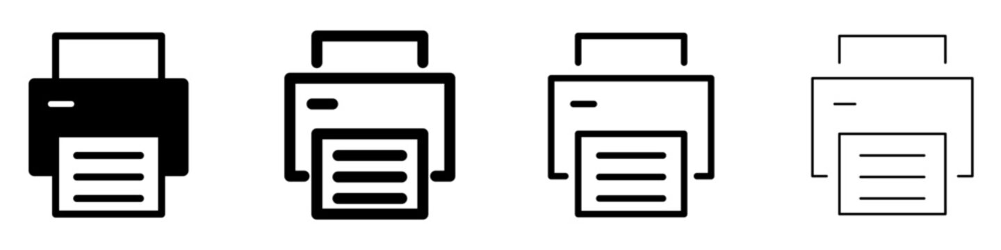 Set of signs and symbols for web design. Set of printer and print web icons in black color with different line weights. Vector illustration.