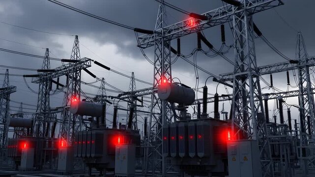 Electricity substation with lightning strike and glowing red warning lights