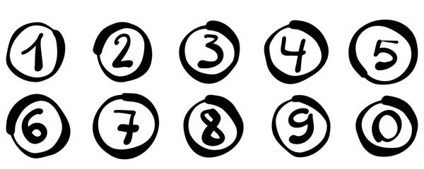 Set of hand-drawn numbers in circles. Black handwritten digits from 0 to 9, each enclosed in a rough circular outline, on a white background. Vector illustration.