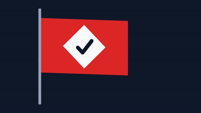 Red Flag with White Diamond and Checkmark on Dark Background.