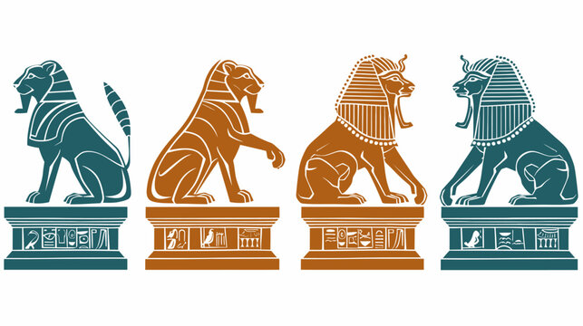Four statued lion guardian figures on bases display ancient Egyptian style and colors