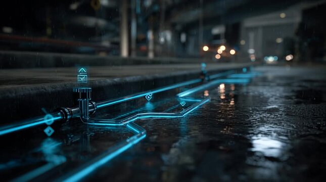 Illuminated Network: A captivating shot of a network pathway lighting up the urban landscape, creating a luminous blueprint of connection and technological advancement.