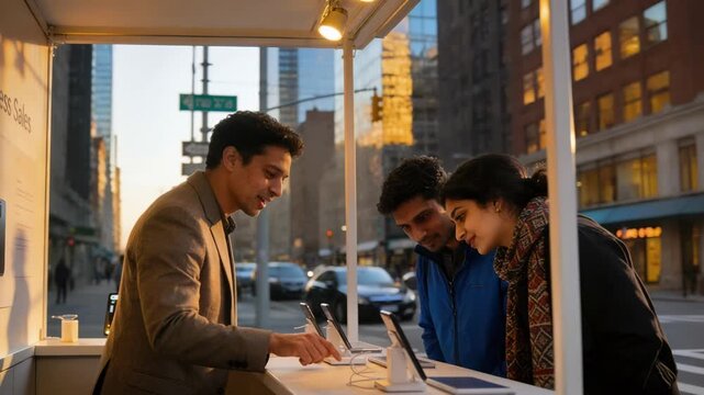 Medium shot of a wireless sales professional at an urban popup stand engaging different language speakers while the cityscape and passerby blur behind.