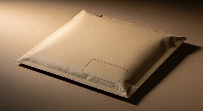A light brown padded mailer envelope with a blank label area sits on a surface.